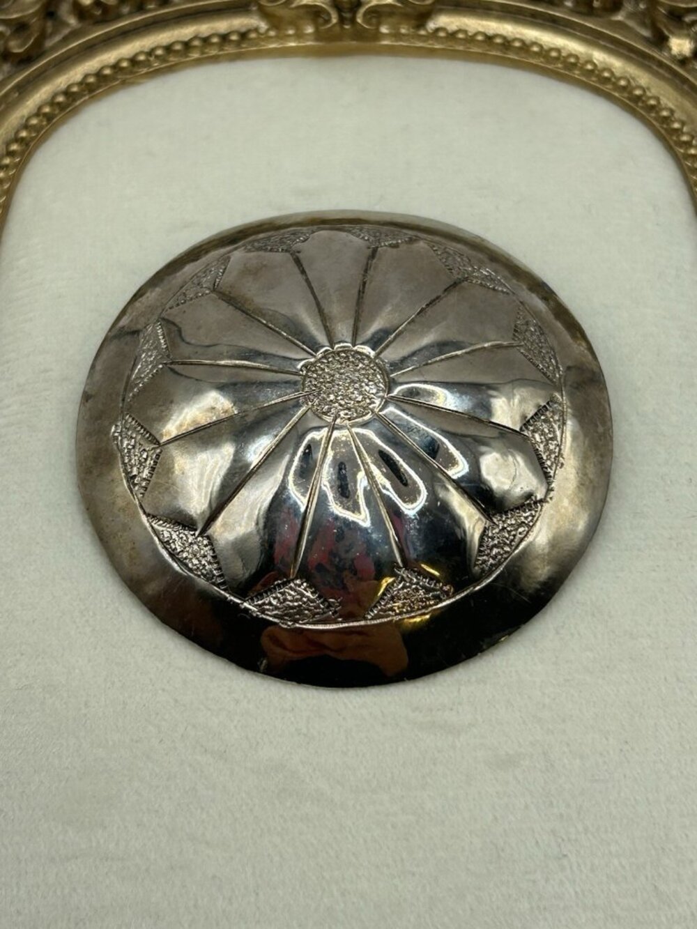 Vintage Silver Tone Floral Dome Pendant Large Etched Metal Statement Western - Picture 5 of 10